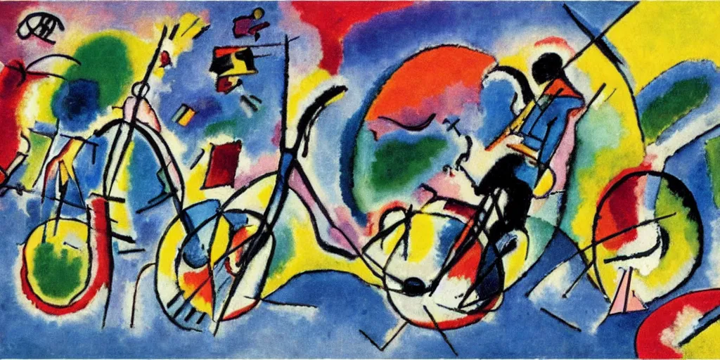 Image similar to a guy riding a bike, by kandinsky