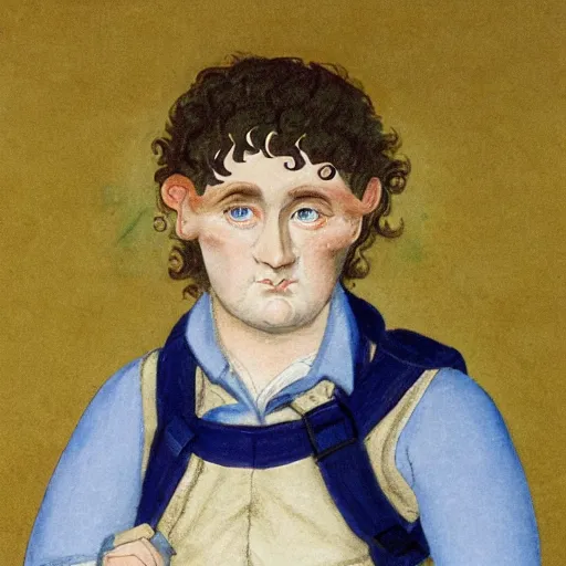 Image similar to close up headshot of a frowning clean shaven pudgy British lad with short curly dark brown hair as a hobbit wearing a white men's crossbody sling chest bag and blue vest, blue vest!! white crossbody chestbag!! high resolution film still, painting by William Blake