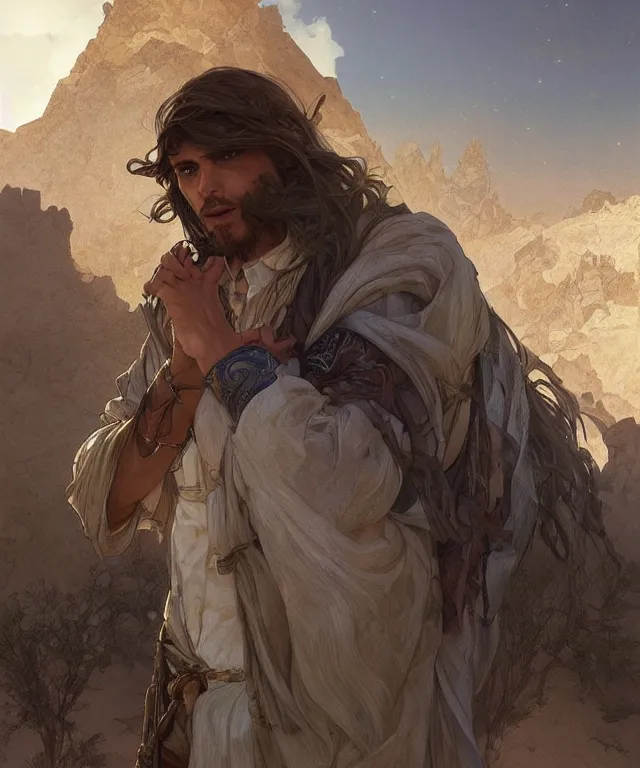 Prompt: An adventurer in the desert with the power of foresight, handsome young face, medium straight hair, fantasy, intricate, elegant, highly detailed, digital painting, artstation, concept art, smooth, sharp focus, illustration, art by artgerm and greg rutkowski and alphonse mucha