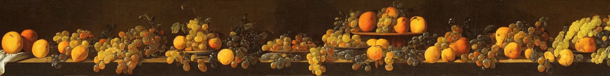 Prompt: still life with fruit and taxidermy on a very long table, oil on canvas (1767)