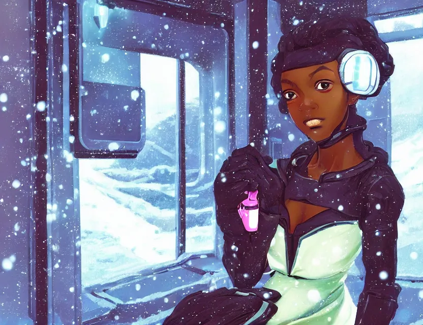 Prompt: black - skinned scifi princess in a snowy mountain cafe, wearing a lovely dress with cyberpunk elements. this oil painting by the award - winning mangaka has an interesting color scheme and impeccable lighting.