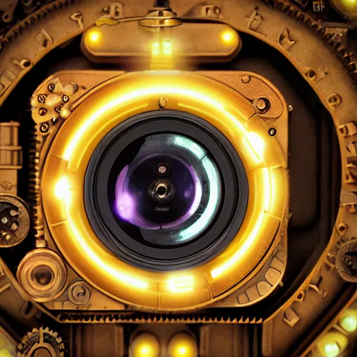 Image similar to cardboard camera, steampunk, extreme closeup, center frame, symmetric, rim light, bioluminescence, electric, soft, concept art, intricate details, highly detailed, colorful, photorealistic, disney pixar, octane render, iridescent, anime, 8 k