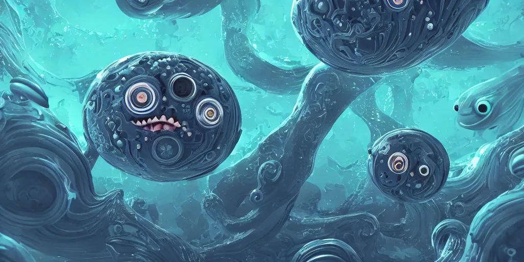 Image similar to of an intricate deep sea with strange cute friendly happy creatures with huge eyes, long tongue, round teeth and goofy funny face, appearing from the background, in the style of gehry and gaudi, macro lens, shallow depth of field, ultra detailed, digital painting, trending artstation, concept art, illustration, cinematic lighting, photorealism, epic, octane render