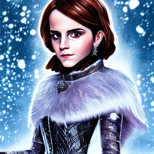 Image similar to Portrait shot of Emma Watson as the Queen of Ice, Ice crystal armor, snow falling, concept art, 4k, digital art, trending on art station, hd, doll, colorful backdrop, 3d anime