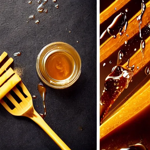 Prompt: honey splashing on fork, hyper realistic, award winning slow - motion food photography