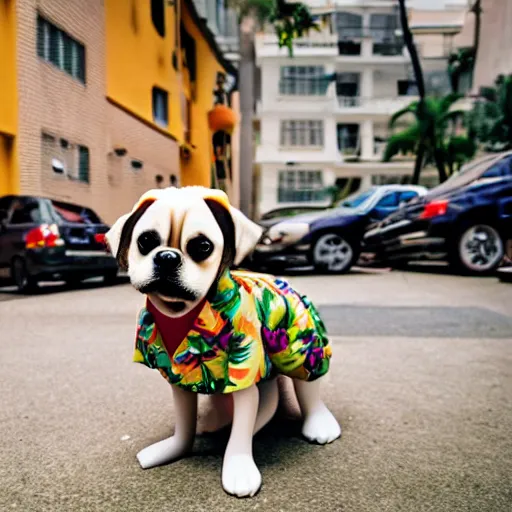 Image similar to a volatile pugalier wearing a hawaiian shirt, living in the city, disney character, cartoonish, claymation, photo by wes anderson