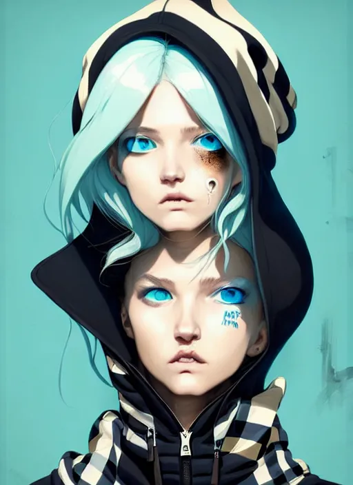 Image similar to highly detailed portrait of a sewer punk lady student, blue eyes, burberry hoodie, white hair by atey ghailan, by greg rutkowski, by greg tocchini, by james gilleard, by joe fenton, by kaethe butcher, gradient blue, black, brown and cyan color scheme, grunge aesthetic!!! ( ( graffiti tag wall background ) )