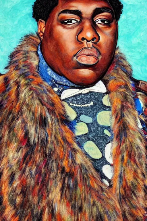 Image similar to a portrait of biggie smalls wearing boho - chic style clothes, with a fur muffler, full body!!, realistic painting in egon schiele style, masterpiece, hyperdetailed, complex, intricate, 4 k, hyperrealistic, trending on artstation