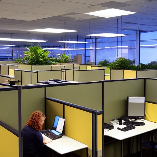 Prompt: a jungle filled with cubicle office workers, twilight,