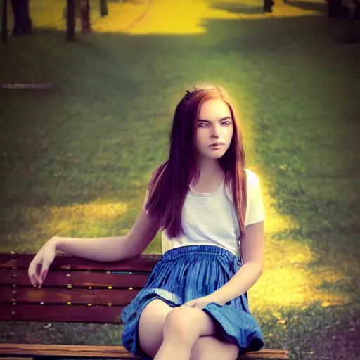Prompt: dslr photo of a beautiful teen girl, sitting on a bench wearing a flower skirt, very high quality face and body and wearing hemp sandals, artgerm, artstation, extremely high quality, moody lighting, photography by deviantart, 8 k