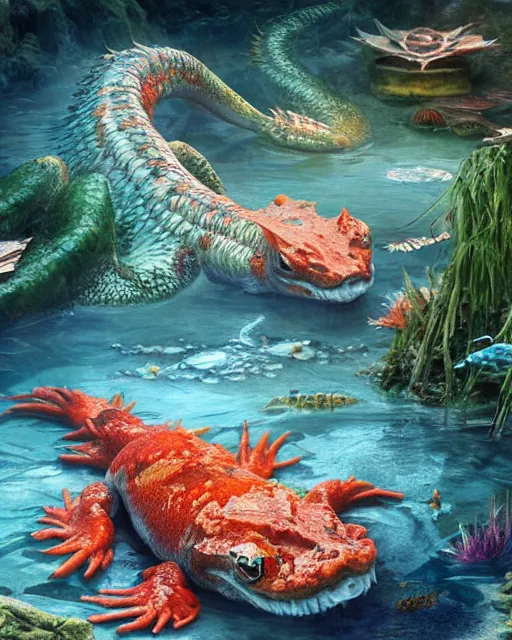 Image similar to ethereal, gorgeous, mysteriously beautiful giant huge kaiju sized pond dragon half fish half salamander, sea dragon, wet amphibious skin, red salamander, axolotl creature, koi pond, korean village by Ruan Jia and Gil Elvgren, fullbody