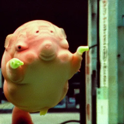Image similar to a blobfish kaiju trashing a petrol station, cinematic, 35mm VHS copy film grain directed by David Lynch