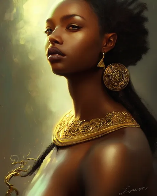 Prompt: Love as a beautiful black princess, gorgeous, portrait, powerful, intricate, beautiful, masterpiece, elegant, volumetric lighting, back lighting, rimlight, dramatic lighting, digital painting, highly detailed, artstation, sharp focus, illustration, Artgerm, Jean-Léon Gérôme , ruan jia