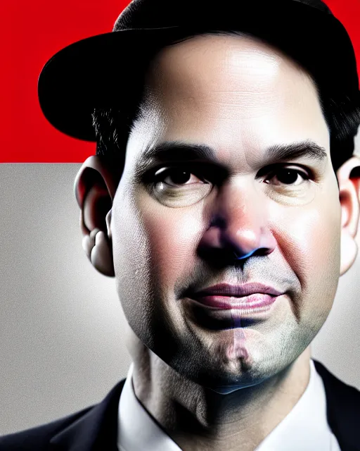 Image similar to a biomorphic portrait of marco rubio wearing a cnn hat, 4 k, octane high quality render