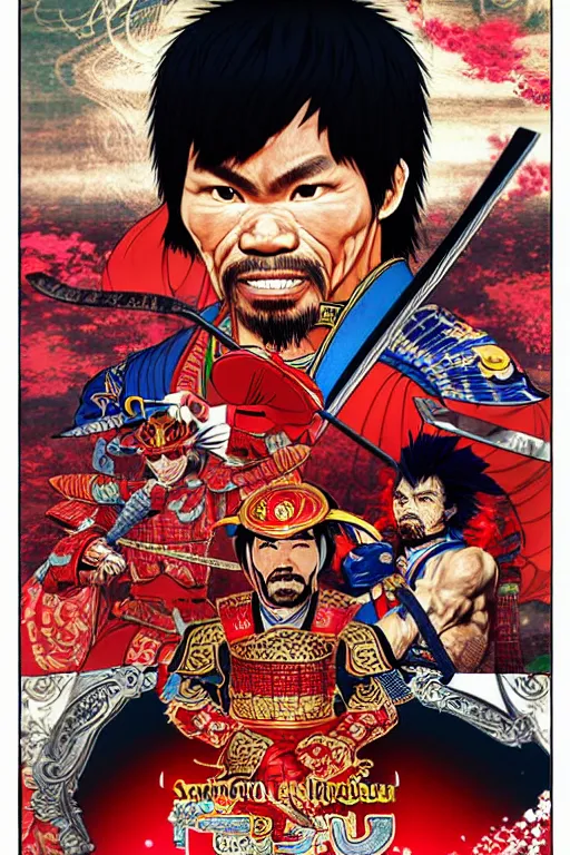 Image similar to poster of manny pacquiao as a samurai, wearing sengoku - era shogunate armor, by yoichi hatakenaka, masamune shirow, josan gonzales and dan mumford, ayami kojima, takato yamamoto, barclay shaw, karol bak, yukito kishiro