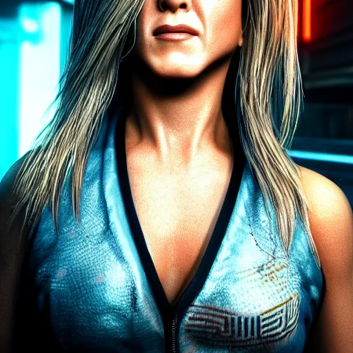 Prompt: jennifer aniston portrait, cyberpunk 2 0 7 7, cyberpunk judy alvarez, photorealistic, ultra detailed, neon, octane, bokeh, cinematic lighting, cyber, cyberpunk city, studio quality, feature, scars, cyberface, 8 k