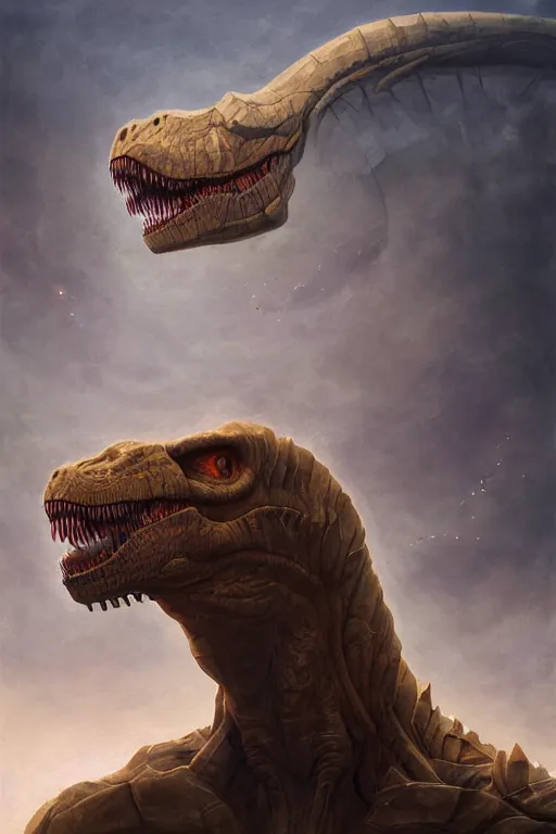 Image similar to portrait of t-rex by Peter Mohrbacher and Peter Gric, volumetric lighting, good composition, trending on artstation, polarizer filter, in the golden hour