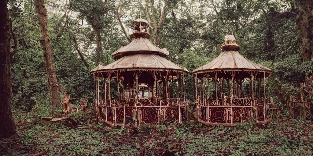 Image similar to an abandoned secret carousel with elaborately intricate carved wooden figures of animals, pine treehouse, astral projection, discovered in a secret garden, hedgemaze, photo taken on fujifilm superia film, 3 5 mm