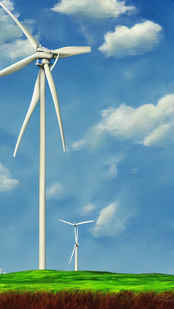 Prompt: a wind turbine, blue sky, sunshine,green land, highly detailed, digital painting