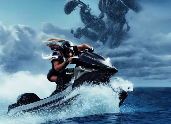 Image similar to film still of xenomorph jet skiing in the new alien movie, 4 k