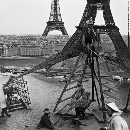 Prompt: workers renovating a gruyère cheese made Eiffel tower, Paris in the background