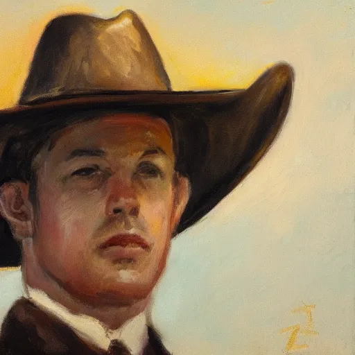 Prompt: portrait of a diplomat wearing a cowboy hat with the American Flag behind him, 1916, oil on canvas trending on Artstation