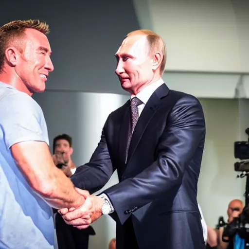 Prompt: telephoto candid cropped photo of billy herrington shaking hands with vladimir putin, press conference, zeiss 1 5 0 mm, sharp focus, natural lighting, ultra realistic, high definition 4 k photo