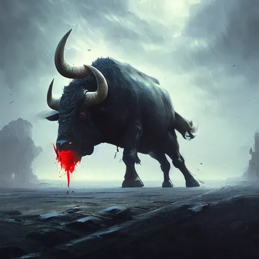 Image similar to giant angry bull with red eyes, steam breath, mysterious, epic concept art, epic painting, artstation, realistic, by greg rutkowski