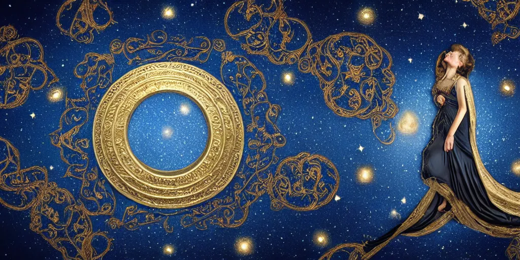 Image similar to sky in a starry night with glowing meteor showers, ascension of a woman decomposing and dissolving into moon, dark - blue black gold beige saturated, ornate baroque rococo art nouveau intricate detail, 3 d specular lighting, cinematic, no blur, no bokeh, no depth of field, uplight