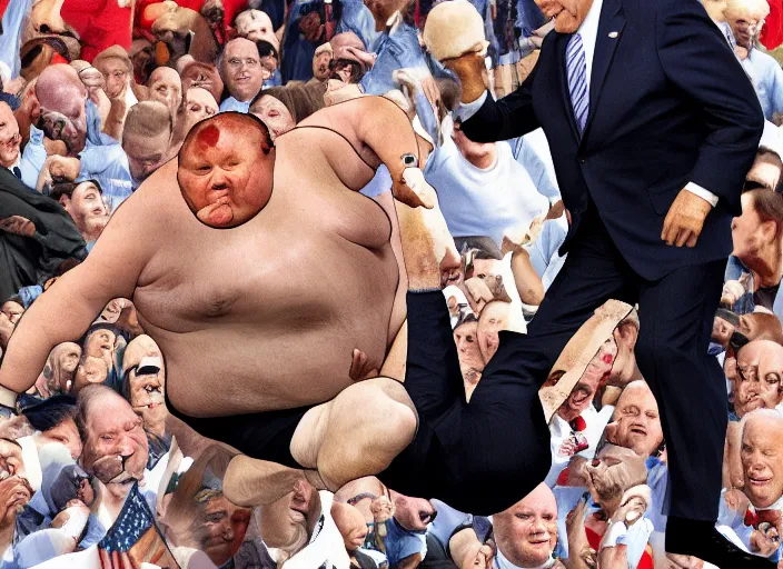 Image similar to Joe Biden kicks a fat man in the face, 8K, high quality render, highly detailed