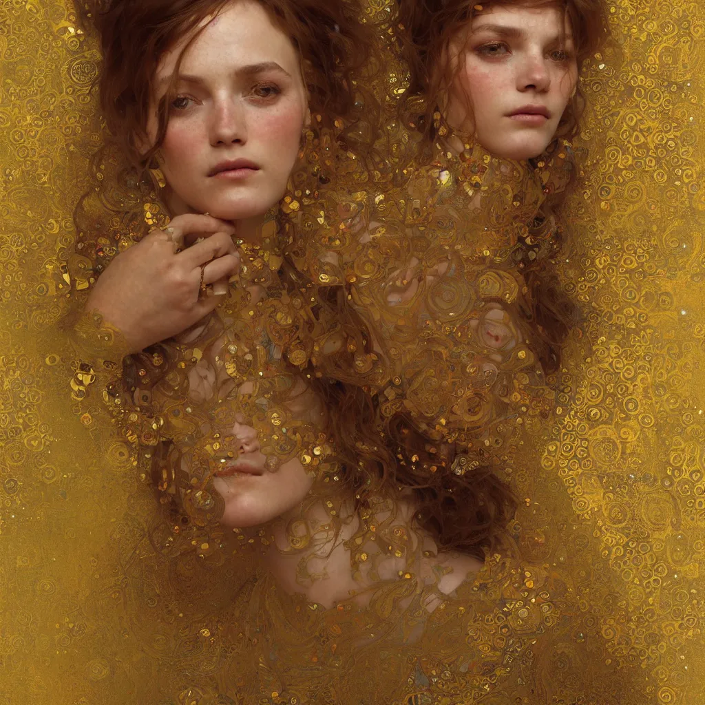 Image similar to seamless intricate klimt golden motives and textures pattern, beautiful young lady face portrait, hyper detailed, octane render, vivid colors, artstation, by jeremy mann, by alphonse mucha, by klimt