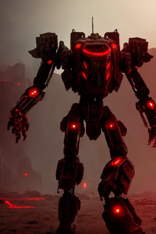 Image similar to a cinematic still from ruin city, full body red mech, armored core, intact humanoid servo, octane render, nvidia raytracing demo, masterpiece, aged armor plating, decipticon armor plating, aggressive head, endoekeleton exposure