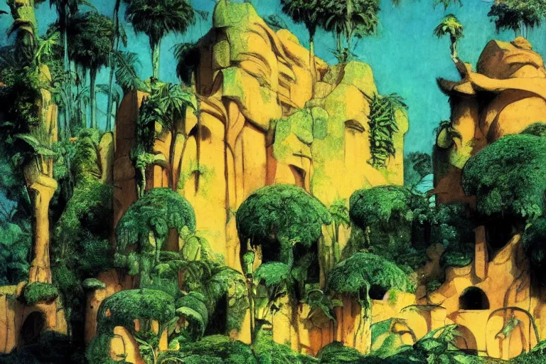 Image similar to a sandstone villa in the jungle,, glowing with silver light, painting by jean - leon gerome, illustration by winsor mccay, color by franz marc, today's featured anime still, architecture, 1 6 k