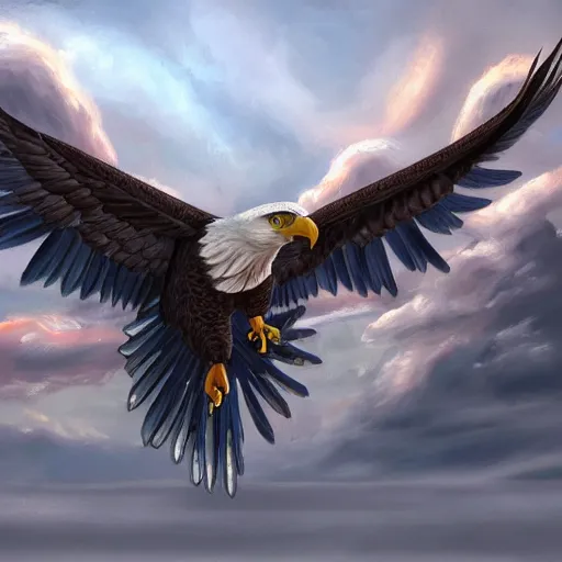 Prompt: A extremely detailed painting of a eagle mixed with a fighterjet, standing bird, sharp claws, cloudy, midnight, smoke, ultra high detail digital art, trending on Artstation, unreal engine