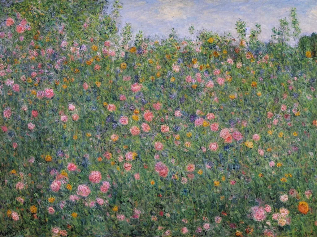 Prompt: Bumblebees on Flowers, Claude Monet (French, Paris 1840-1926 Giverny), Oil on canvas, detailed brushstrokes