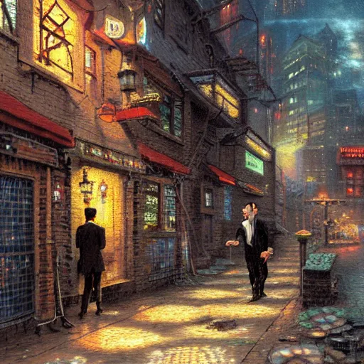 Prompt: two secretive businessmen meeting in an alleyway, detailed illustration by thomas kinkade, cyberpunk