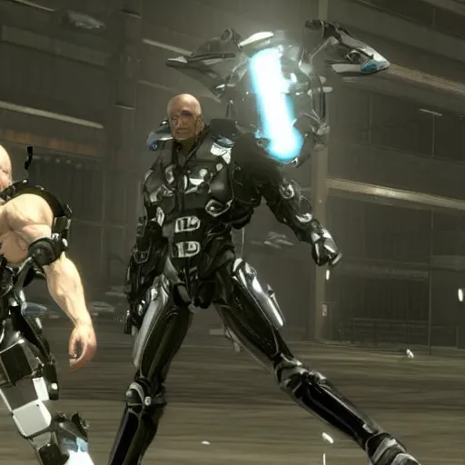 Prompt: A highly detailed screenshot of Jeff Bezos in Metal Gear Rising: Revengeance