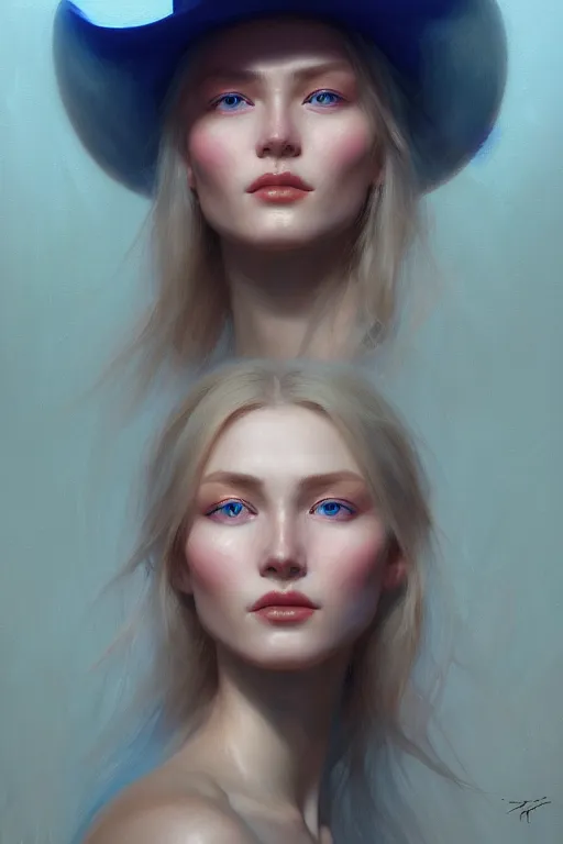 Image similar to ultra detailed facial portrait of beautiful nordic woman, blue eyes, wearing cowboy hat, extremely detailed digital painting, in the style of fenghua zhong and ruan jia and jeremy lipking and peter mohrbacher, mystical colors, rim light, beautiful lighting, 8 k, stunning scene, raytracing, octane, trending on artstation