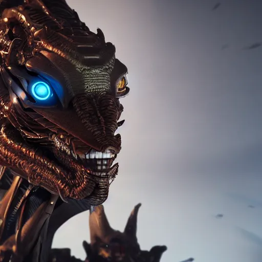 Prompt: portrait of a cyborg dragon, digital art, lense flair, octane render, film, cinematic lighting, film studio photo