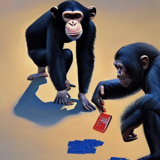 Image similar to a painting of a chimpanzee wearing a business suit picking up pennies on a street in manhattan, hyperrealistic