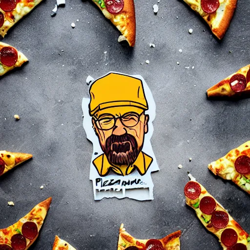 Image similar to pizza made of walter white figurine stickers, unreal, render, splash, award winning photograph