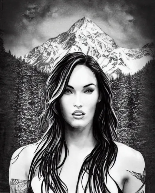 Image similar to tattoo design sketch of megan fox with beautiful mountain scenery, in the style of dan mountford, double exposure effect, hyper realistic, amazing detail