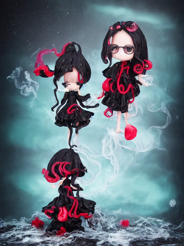 Image similar to cute fumo plush chibi gothic translucent octopus maiden alien girl washing her hair in the waves of the wavering dark galactic abyss, black and red ruffled intricate dress with ribbons, ocean wave thunderstorm and reflective splashing water, wisps of smoke and haze and volumetric fog, black and white, ocean simulation, vignette, vray