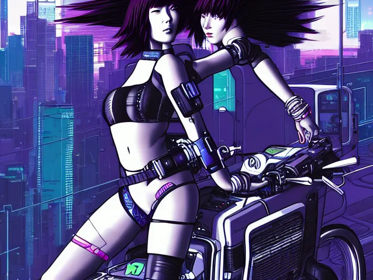 Image similar to motoko kusanagi riding a cyberpunk vehicle in a grungy cyberpunk megacity, intricate and finely detailed, cyberpunk vaporwave, by phil jimenez, ilya kuvshinov