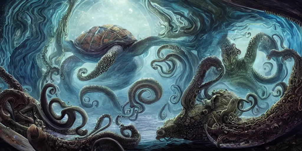 Prompt: Mythic Island, center Universe, Fantasy fairytale, Great Leviathan Turtle, cephalopod, Cthulhu Squid, hybrid, accompany Cory Chase, Blake Lively, Anya_Taylor-Joy, Grace Moretz, Halle Berry, Mystical Valkyrie, Anubis-Reptilian, Atlantean Warrior, hybrid, intense fantasy atmospheric lighting, hyperrealistic, François Boucher, Michael Cheval, Cozy, hot springs hidden Cave, candlelight, natural light, lush plants and flowers, Spectacular Mountains, bright clouds, luminous stellar sky, outer worlds, Jessica Rossier, michael whelan, William-Adolphe Bouguereau, HD,