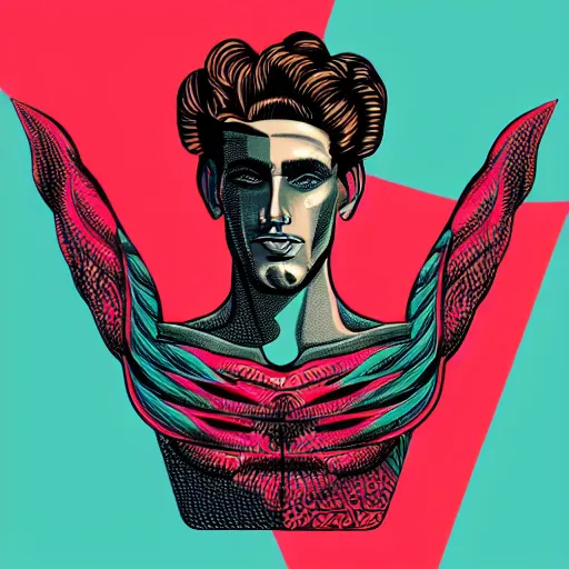 Prompt: a portrait of tattooed the beautiful greek god, in retro colors, synthwave style, 2 d digital vector art