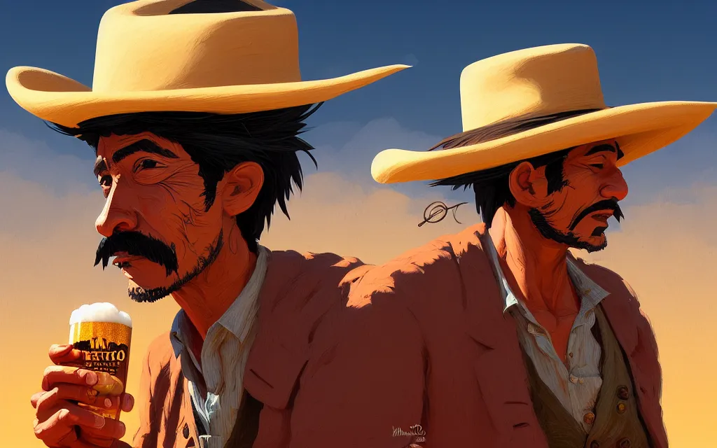 Image similar to juan caloto beer illustration of a mexican man,, with one small, dirt, wild west, with hat, drinking a beer at train station, fantasy, intricate, elegant, highly detailed, digital painting, artstation, concept art by makoto shinkai, ilya kuvshinov, lois van baarle, rossdraws, basquiat,