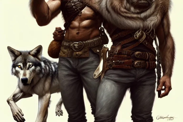 Image similar to photorealistic full body portrait of a gruff ranger with a pet wolf, lean and toned, handsome face, hairy chest and hairy body, D&D, intricate, elegant, highly detailed, digital painting, artstation, concept art, matte, sharp focus, chiaroscuro, well lit, illustration, art by Artgerm and Greg Rutkowski and Alphonse Mucha