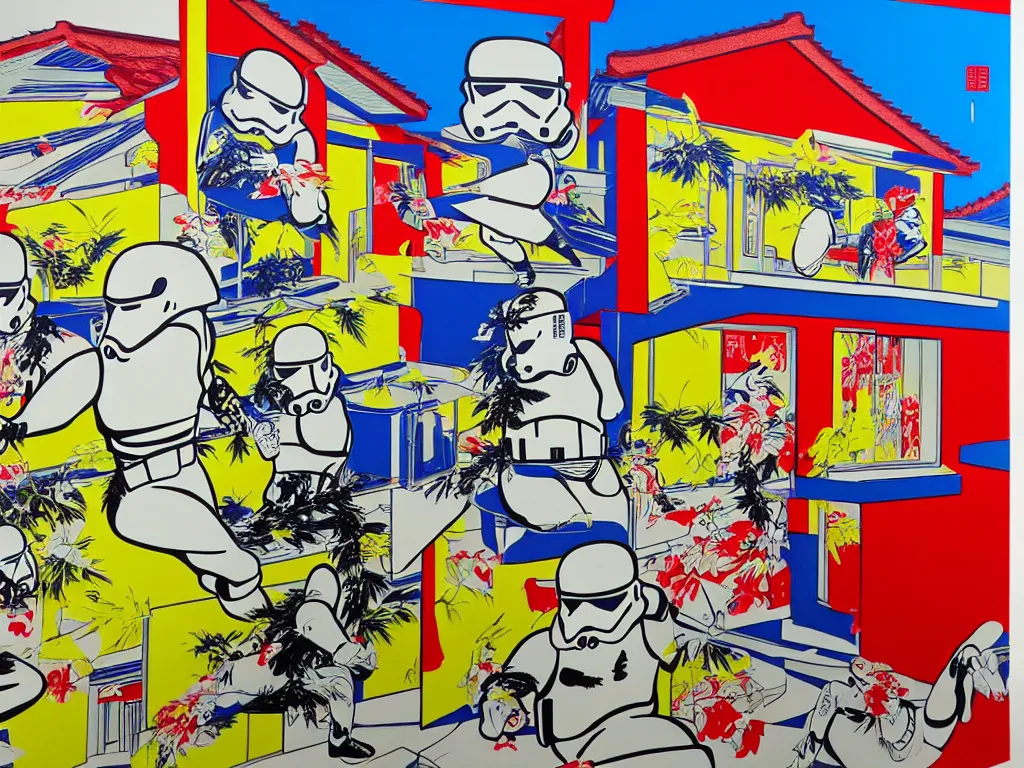 Image similar to hyperrealism composition of the asian home with a garden, detailed stormtrooper in hot springs, pop - art style, jacky tsai style, andy warhol style, roy lichtenstein, acrylic on canvas