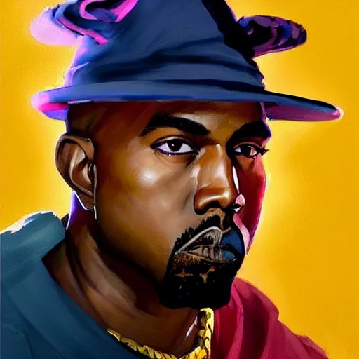 Image similar to Greg Manchess portrait painting of Kanye West mage as Overwatch character, wacky, medium shot, asymmetrical, profile picture, Organic Painting, sunny day, Matte Painting, bold shapes, hard edges, street art, trending on artstation, by Huang Guangjian and Gil Elvgren and Sachin Teng